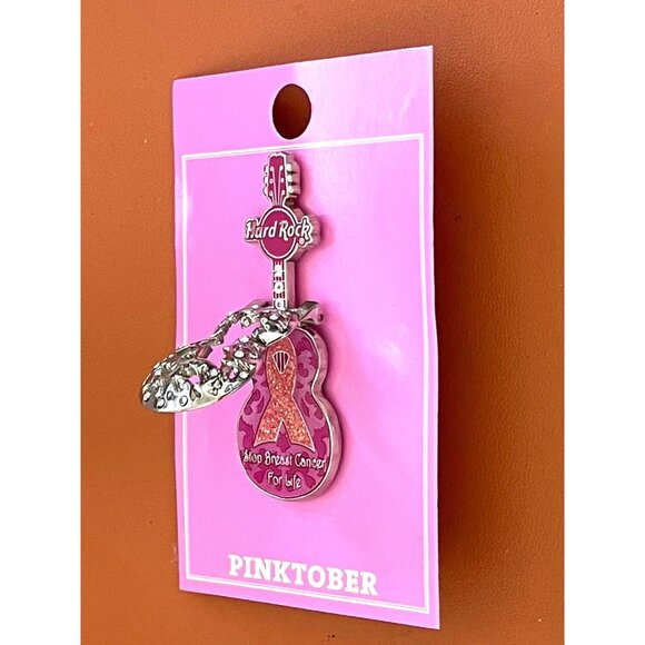 Hard Rock Cafe Pinktober Guitar Pin 2008 Hinged Front Breast Cancer Awareness - Picture 2 of 5